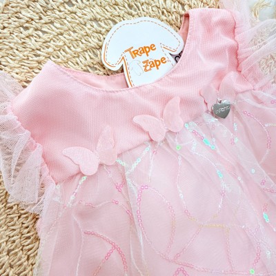 Vestido em Tule com Paetê e Borboletas - Rosa Bebê